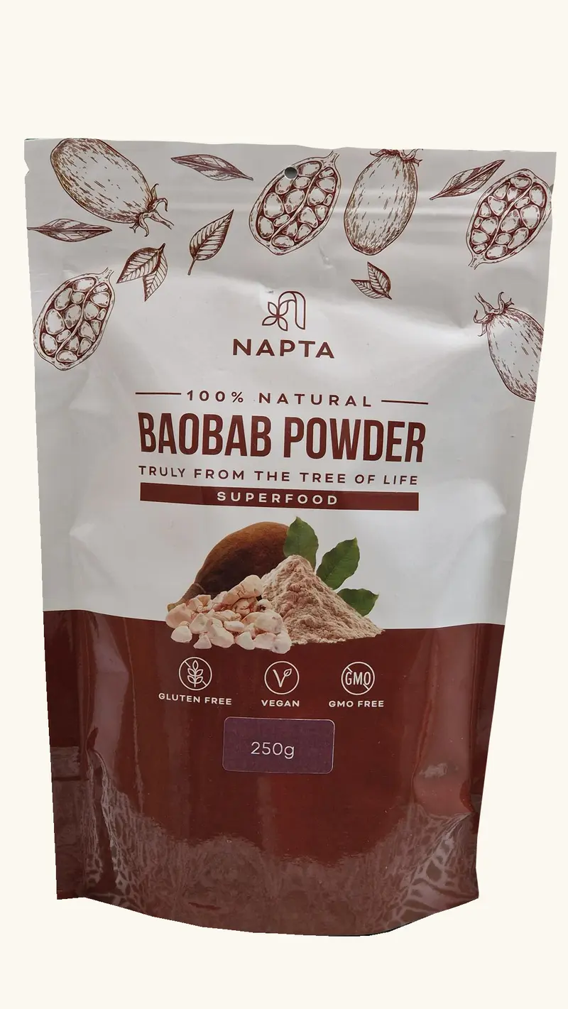 Original NAPTA Baobab Fruit Powder 250g packaging on a plain ivory background
